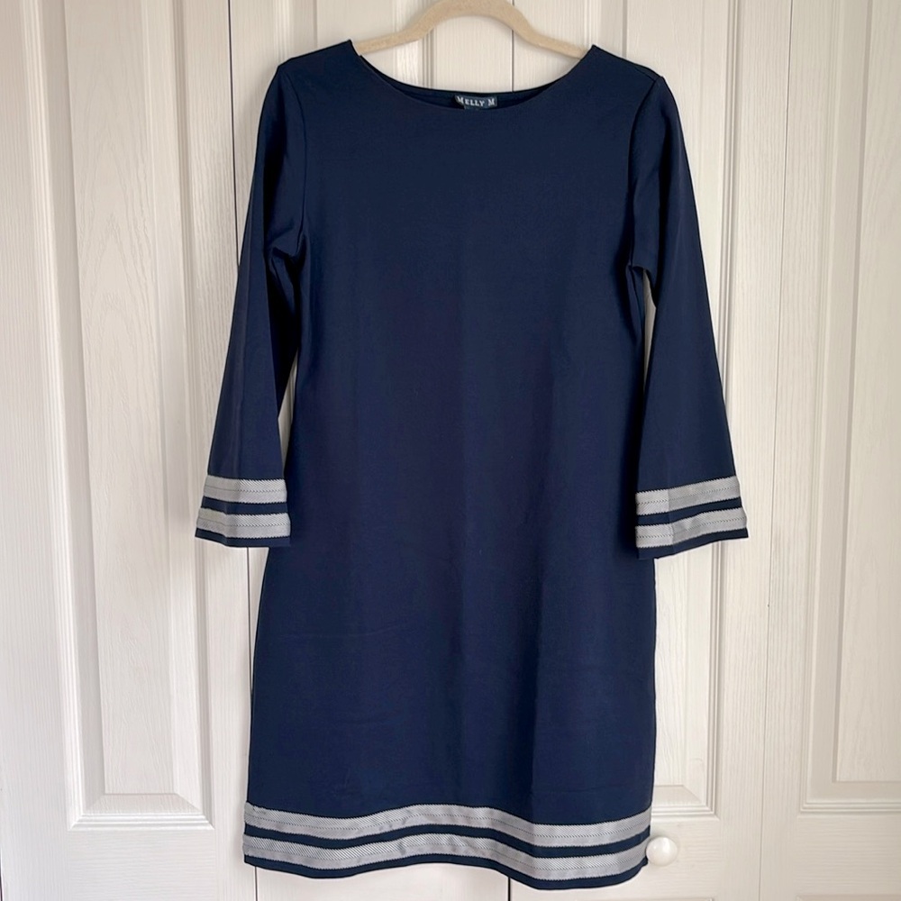 Melly M NWT  Navy Blue Shift Dress. 3/4 Sleeve Herringbone Trim. Made in USA